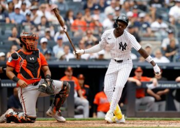 Yankees second baseman Jazz Chisholm reacts after getting hit by a pitch in the fifth inning against the Orioles on Sept. 27, 2025.