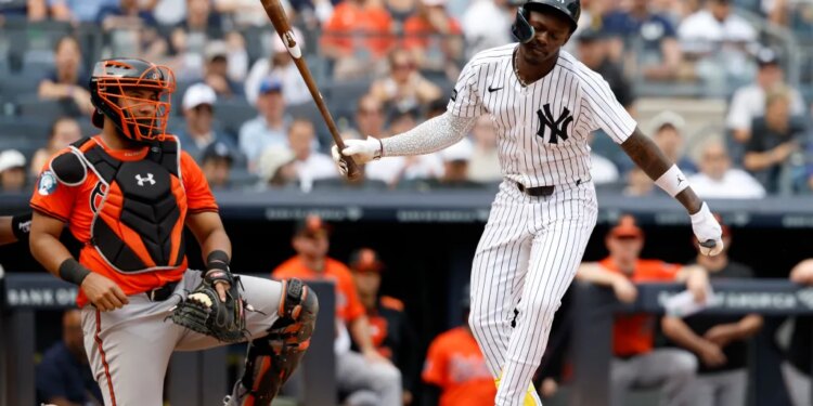 Yankees second baseman Jazz Chisholm reacts after getting hit by a pitch in the fifth inning against the Orioles on Sept. 27, 2025.