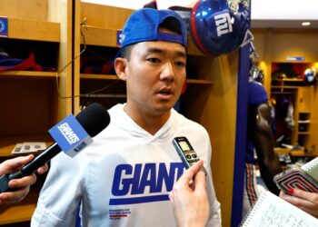 Younghoe Koo speaks to the media after Giants practice on Sept. 25, 2025.
