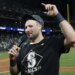 Cal Raleigh celebrates and addresses the fans after the Mariners' 15-inning win over Tigers in Game 5 of the ALDS.