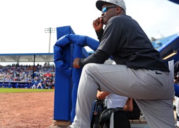 New York Yankees hitting coach James Rowson in the dugout during a game.