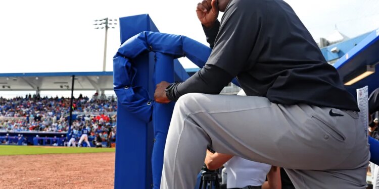New York Yankees hitting coach James Rowson in the dugout during a game.