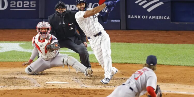 Amed Rosario rips an RBI single off Connelly Early in the fourth inning of the Yankees' 4-0 Game 3 AL wild-card series-clinching victory over the Red Sox on Oct. 2, 2025.