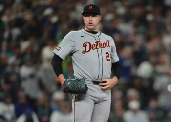 A Detroit Tigers baseball player on the mound.