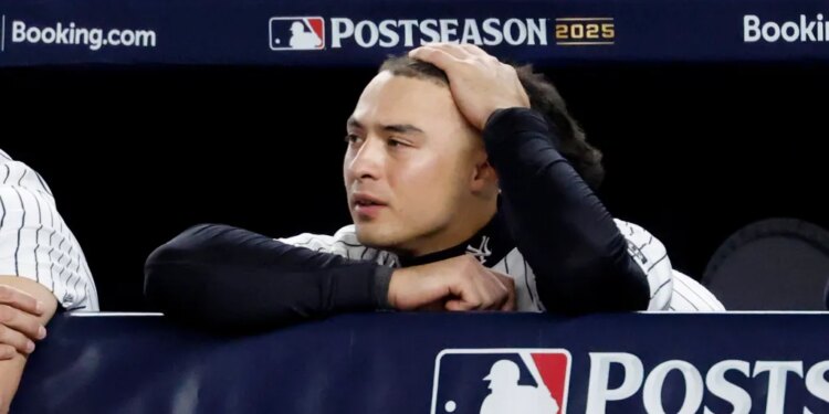 New York Yankees shortstop Anthony Volpe look dejectedly in the dugout during the final out against the Toronto Blue Jays as they win of Game four of the ALDS in the Bronx, New York, October 08, 2025.