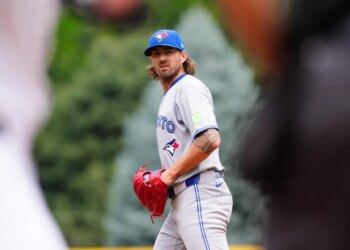 Toronto Blue Jays pitcher Kevin Gausman on the field.
