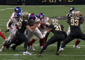 Cam Skattebo fumbles during the Giants-Saints game on Oct. 5, 2025.