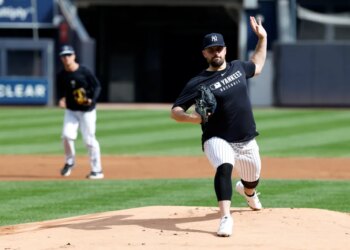 New York Yankees pitcher Carlos Rodón during pitching drills at Yankee Stadium.