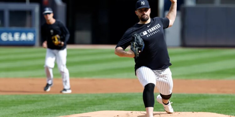 New York Yankees pitcher Carlos Rodón during pitching drills at Yankee Stadium.