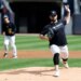 New York Yankees pitcher Carlos Rodón during pitching drills at Yankee Stadium.