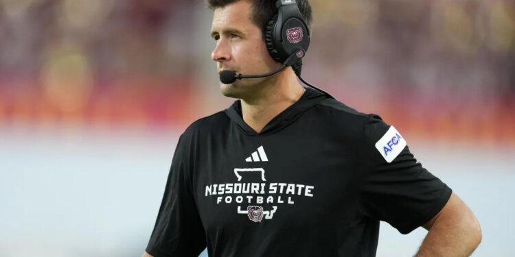 Missouri State Bears head coach Ryan Beard watching from the sidelines.