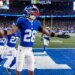 New York Giants cornerback Cordale Flott (28) celebrates his intereption in the second half against the Philadelphia Eagles at MetLife Stadium Thursday, Oct. 9, 2025, in East Rutherford, NJ.