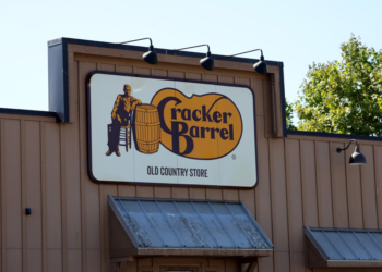 The Cracker Barrel Old Country Store sign in Camarillo, California, with the original iconic logo featuring a man leaning on a barrel.