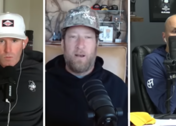 Three men, including Portnoy, participating in a video call, each visible in separate frames.