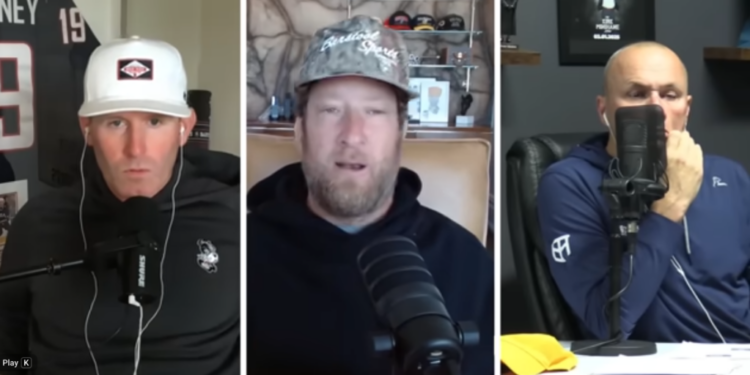 Three men, including Portnoy, participating in a video call, each visible in separate frames.