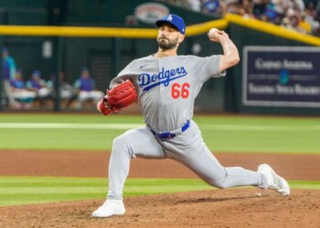 Los Angeles Dodgers pitcher Tanner Scott on the mound.