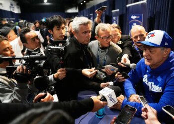 Blue Jays bench coach Don Mattlingly talks with the assembled media on Oct. 23, 2025 in Toronto in preparation for Game 1 of the World Series which begins Friday.