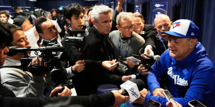 Blue Jays bench coach Don Mattlingly talks with the assembled media on Oct. 23, 2025 in Toronto in preparation for Game 1 of the World Series which begins Friday.