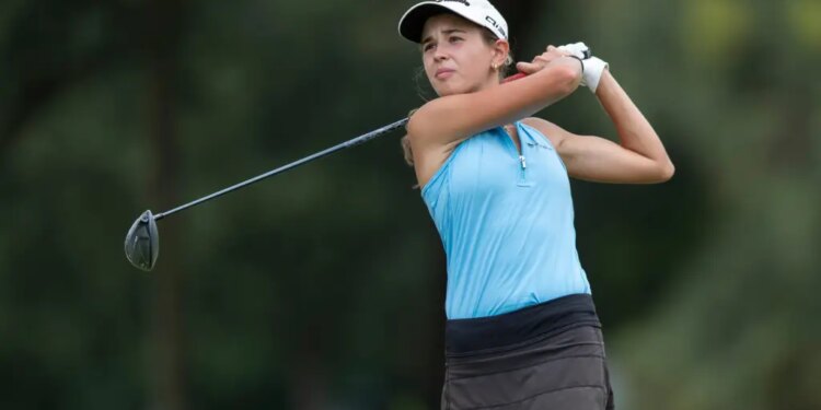 Kai Trump tees off during the final round of the Medalist Tour tournament.
