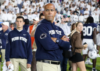Penn State Nittany Lions head coach James Franklin stands on the field following the game against the Northwestern Wildcats at Beaver Stadium on October 11, 2025.