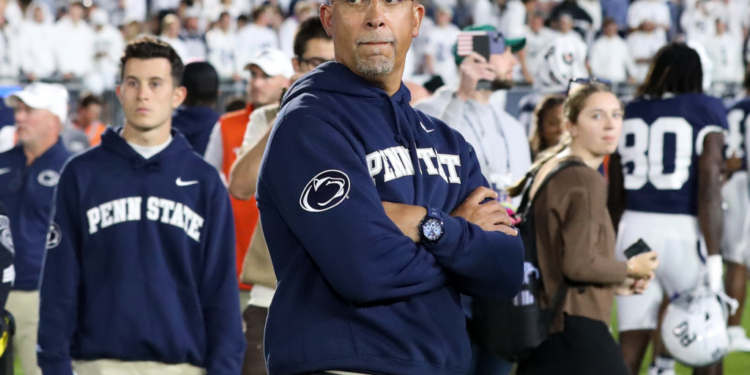 Penn State Nittany Lions head coach James Franklin stands on the field following the game against the Northwestern Wildcats at Beaver Stadium on October 11, 2025.