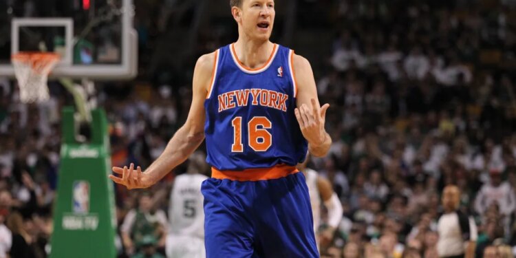 New York Knicks small forward Steve Novak #16 reacts after hitting a 3-point shot.