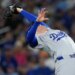 Los Angeles first baseman Freddie Freeman drops a pop up during the second inning of Game 2 of the World Series between the Dodgers and Blue Jays.