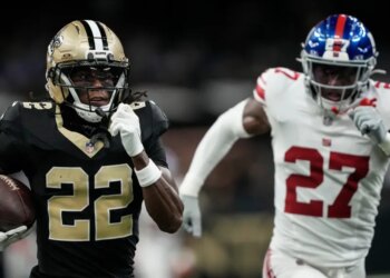 Tyler Nubin is beat by Rashid Shaheed for a touchdown during the Giants-Saints game on Oct. 5, 2025.