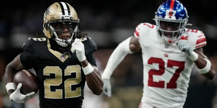 Tyler Nubin is beat by Rashid Shaheed for a touchdown during the Giants-Saints game on Oct. 5, 2025.