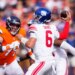 New York Giants quarterback Jaxson Dart (6) drops back to make a pass against the Denver Broncos.