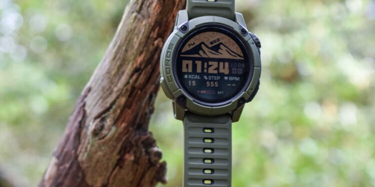 A Coros Nomad hangs from a tree branch