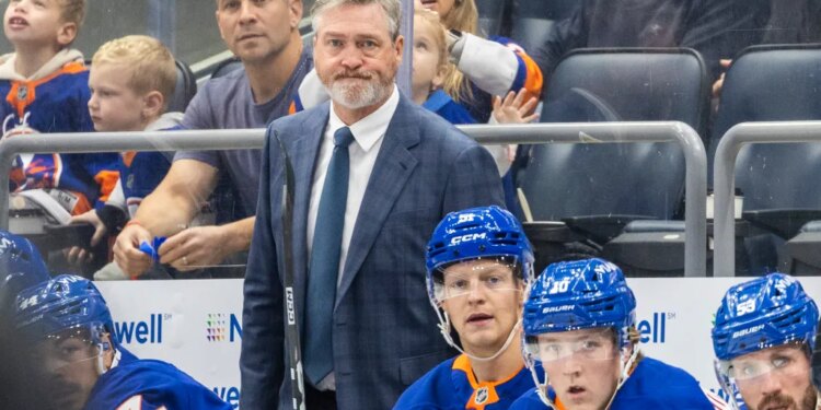 Patrick Roy reacts on the bench during the third period at UBS Arena, Monday, Oct. 13, 2025.
