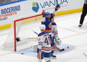 Islanders reacts after Bo Horvat #14 of the New York Islanders scores a goal during the third period when the New York Islanders played the Edmonton Oilers Thursday, October 16, 2025 at UBS Arena in Elmont, NY.