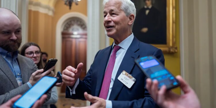 Jamie Dimon, CEO and chairman of JPMorgan Chase, speaking to reporters.
