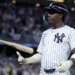 New York Yankees second baseman Jazz Chisholm Jr. (13) reacts after flying out with the bases loaded during the ninth inning of game one of the wild-card round of the 2025 MLB playoffs against the Boston Red Sox at Yankee Stadium.