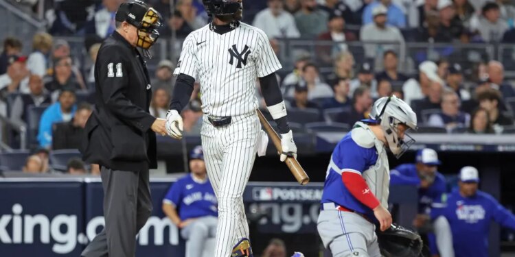 New York Yankees second baseman Jazz Chisholm Jr. #13 reacts after he strikes out during the second inning.