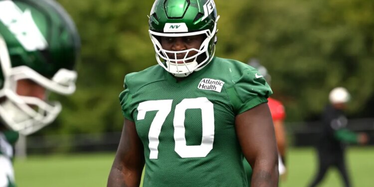 Jets offensive tackle Armand Membou (70) at practice.