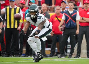 Philadelphia Eagles wide receiver John Metchie III (18) makes a reception against the Kansas City Chiefs during the first quarter of the game at GEHA Field at Arrowhead Stadium.