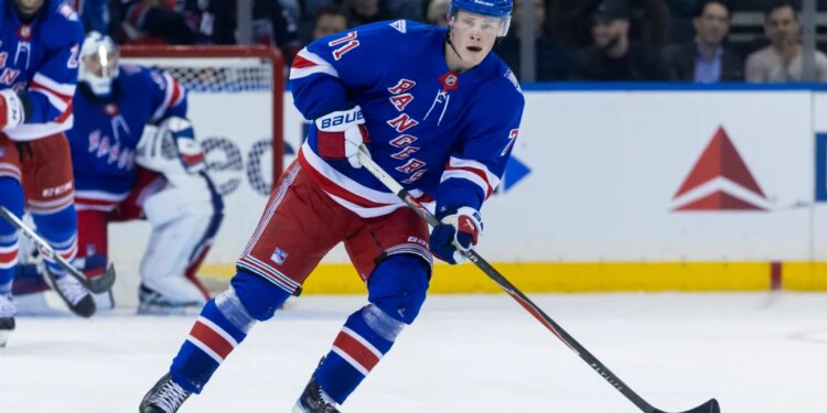 Juuso Parssinen (71) skates with the puck in the third period against the New Jersey Devils at Madison Square Garden, Thursday, Oct. 2, 2025.