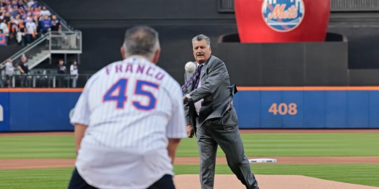 Keith Hernandez throwing out the first pitch to John Franco at Citi Field.