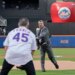 Keith Hernandez throwing out the first pitch to John Franco at Citi Field.