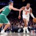 Miles McBride, who was placed in the starting lineup and scored 10 points, dribbles up court as Payton Pritchard defends during the Knicks' 105-95 win over the Celtics at the Garden on Oct. 24, 2025.