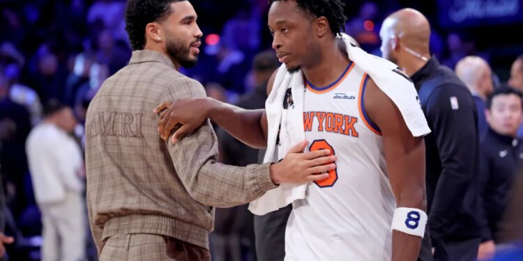 New York Knicks forward OG Anunoby #8 greets Boston Celtics Jayson Tatum at the end the game.