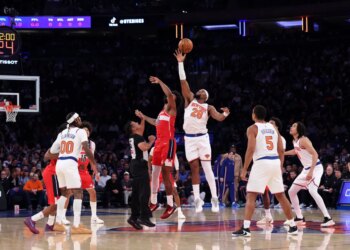 Guerschon Yabusele wins the opening tip of Monday night's preseason game against the Wizards.