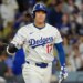 Los Angeles Dodgers designated hitter Shohei Ohtani (17) reacts after flying out against the Cincinnati Reds in the fourth inning during game two of the Wildcard round for the 2025 MLB playoffs at Dodger Stadium.