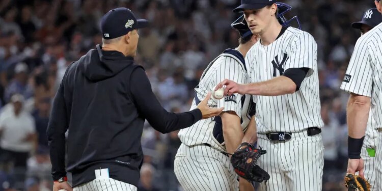 Aaron Boone takes out Max Fried during the seventh inning of the Yankees' Game 1 AL wild-card loss to the Red Sox.