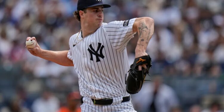 New York Yankees' Cam Schlittler pitches during the first inning.
