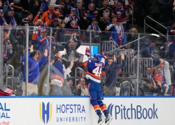 New York Islanders' Matthew Schaefer (48) celebrates his first NHL goal with fans.