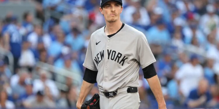 Yankees starter Max Fried reacts after the second inning during Game 2 of the ALDS against the Blue Jays on Oct. 5, 2025.