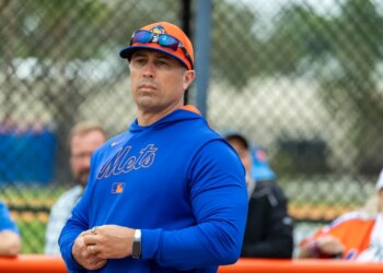 Mets assistant pitching coach Desi Druschel looks on at Spring Training, Thursday, Feb. 20, 2025, in Port St. Lucie, FL.